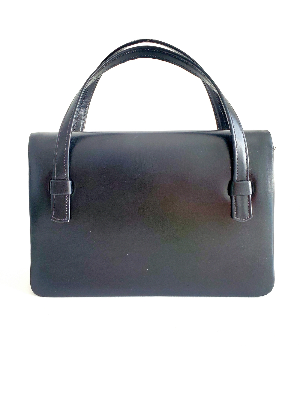 Classic Black Leather Top-Handle Satchel - Vintage - Handmade In France - Picture 3 of 5